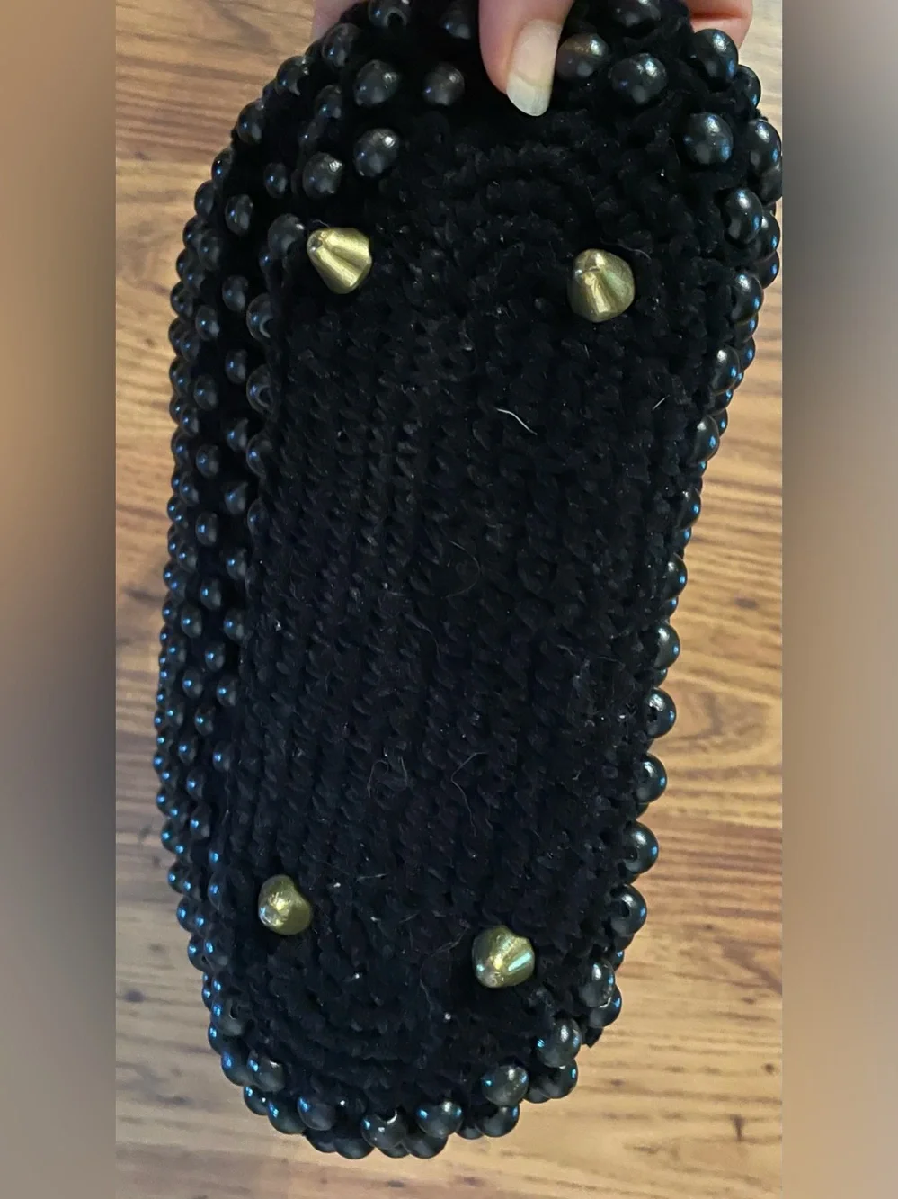 Vintage Black Beaded Top-Handle Metal Kiss Clasp Pochette Style Hand Bag